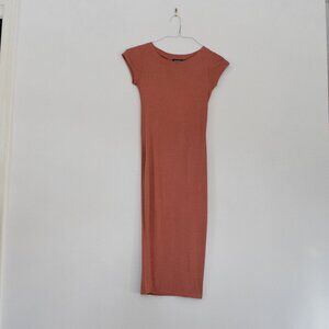 Terracotta Rust Orange Short Sleeve Pencil Bodycon Midi Dress | Size XS